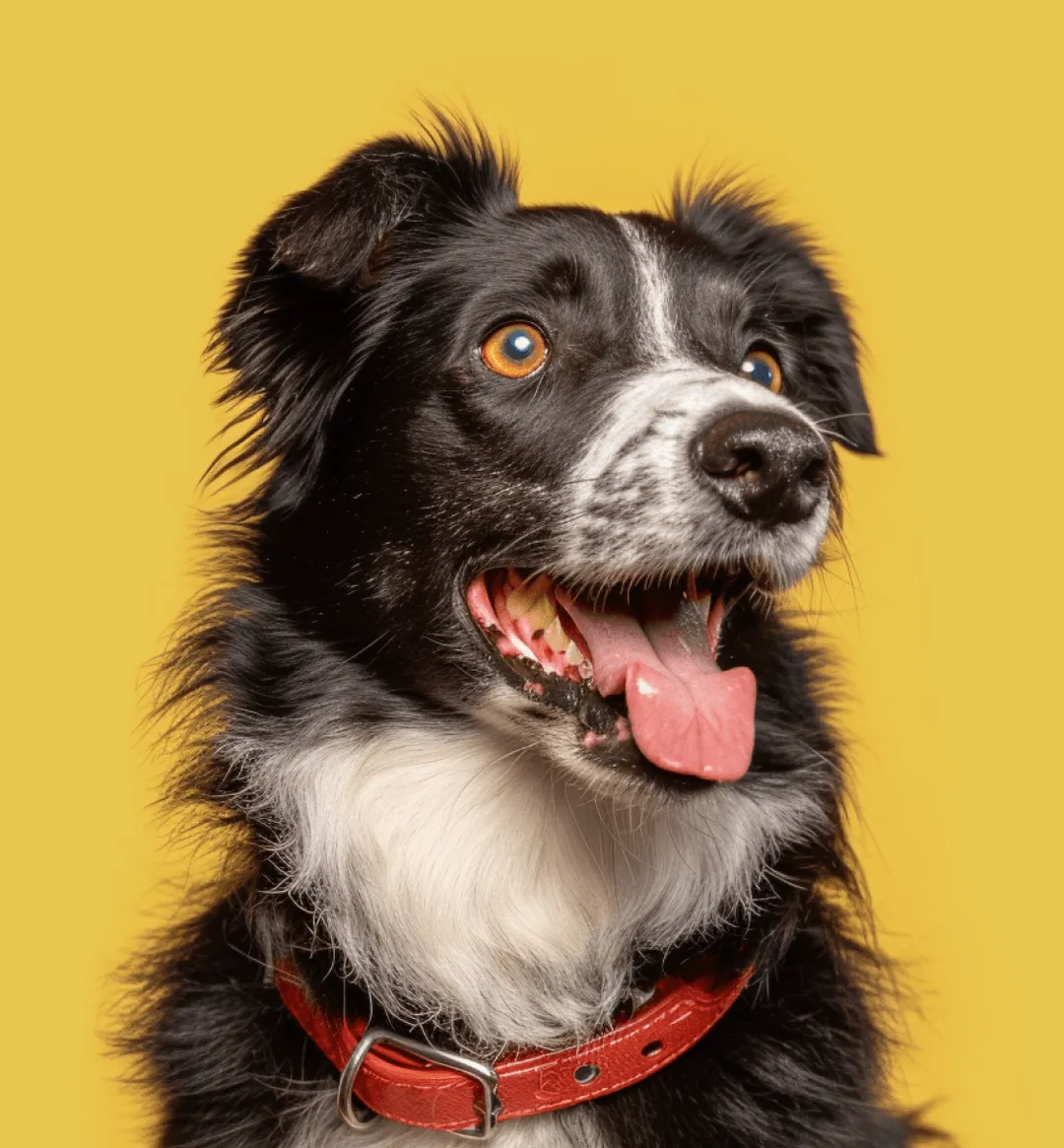 Border collie con collar rojo sobre fondo amarillo