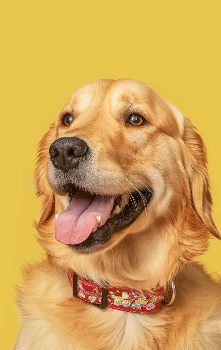Golden retriever feliz sobre fondo amarillo